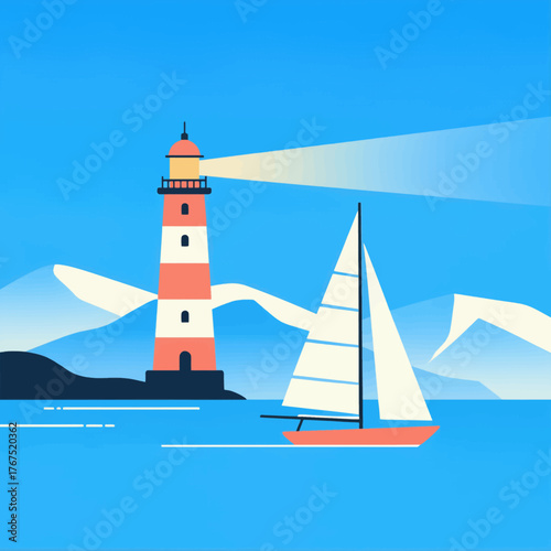 Flat colorful lighthouse with beam and sailboat on blue sea, mountain backdrop