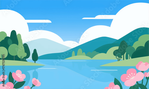 Flat colorful landscape with lake mountains trees and pink flowers under blue sky