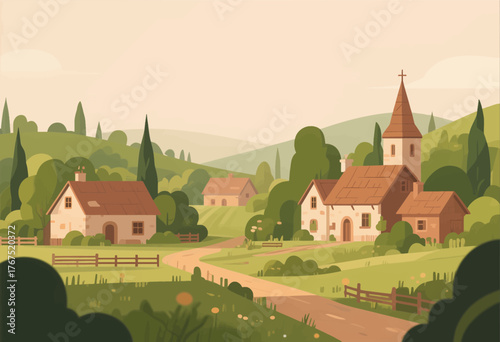 Flat colorful village scene with church and cottages nestled in green hills