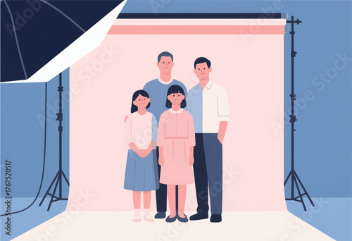 Flat family portrait illustration in studio with soft lighting and pink backdrop