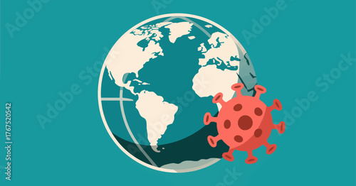 Flat globe with red virus particle, global health concept, isolated on teal