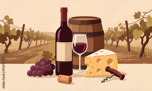 Flat wine and cheese illustration with barrel grapes and corkscrew in vineyard scene