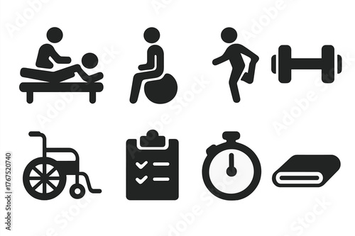 Physical Therapy Icons. Physical therapy. Filled icon set of Physical therapy: therapist, exercise ball,