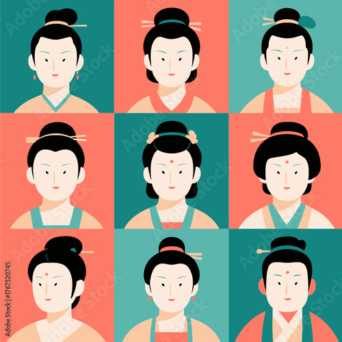 Flat vector portraits of traditional women with varied hairstyles and colorful attire