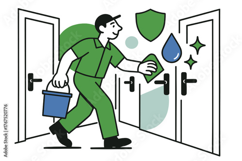 Meticulous Cleaning Icons. Clean routine. A janitor or office worker methodically wiping down handles along a