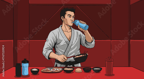 Athlete Drinks Water After Cooking Healthy Meal