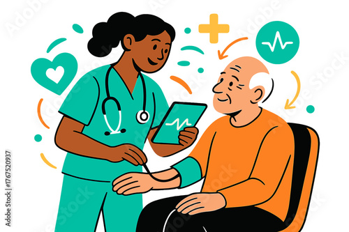 Compassionate Healthcare Technology. Compassionate healthcare. A nurse checking an elderly person?s vitals