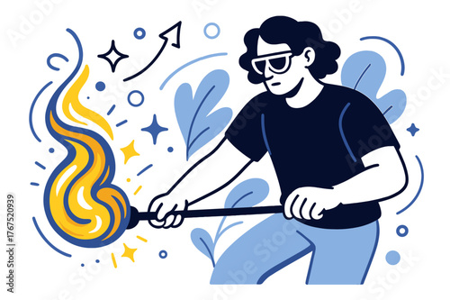 Dynamic Glassblowing Artistry. Glassblowing. A craftsperson shaping molten glass with glowing colors, swirling