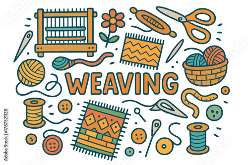 Colorful Weaving Doodle. Weaving. Hand-drawn doodle illustration of weaving. Loom, thread, yarn, shuttle,