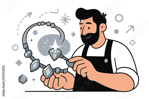 Creative Jewelry Crafting. Handmade jewelry. A craftsman polishing a necklace with glowing gems and floating