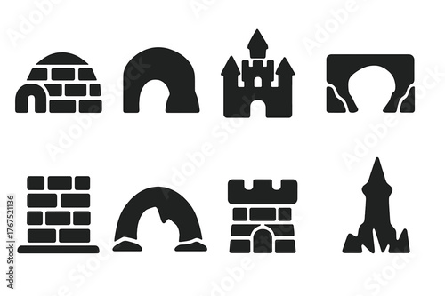 Ice Structure Icons. Ice structures. Filled icon set of Ice structures: igloo, ice cave, ice castle, ice