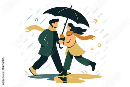 Stylized Rainy Stroll. Couple on a walk. Two silhouettes sharing an umbrella under light rain, reflections