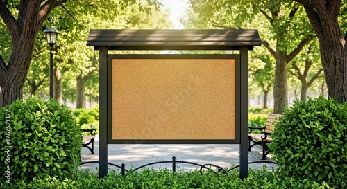 Wallpaper Mural Blank Public Bulletin Board Mockup in a Peaceful Park with Benches and Trees Torontodigital.ca