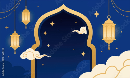 Golden lanterns hang near arched gateway under starry night sky, flat design