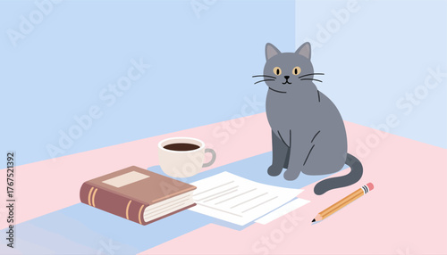 Gray cat sitting at desk with coffee book pencil paper
