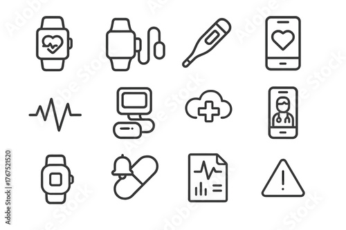 Remote Health Icons. Remote health monitoring. Line outline icon set of Remote health monitoring: smartwatch