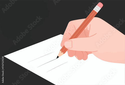 Hand writing with pencil on paper, minimalist flat design, isolated on dark background