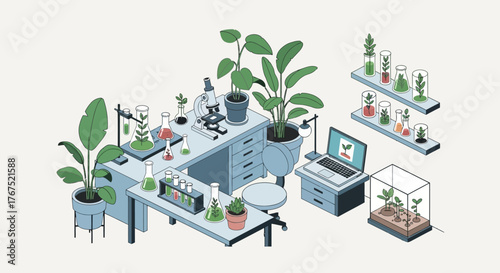 Botanical Laboratory with Plants and Scientific Equipment.