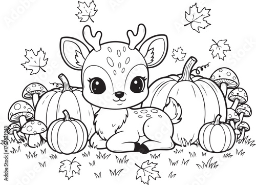 Cute fawn lying down amongst pumpkins, mushrooms, and autumn leaves