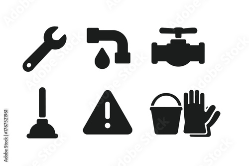 Emergency Repair Icons. Emergency repair. Filled icon set of Emergency repair: wrench, pipe, water droplet,