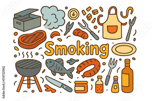 Smoking Doodle Art. Smoking. Hand-drawn doodle illustration of smoking. Smoker box, smoke cloud, wood chips,