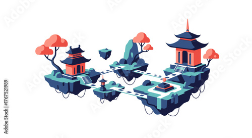 Fantasy world with floating islands and Asian pagodas.