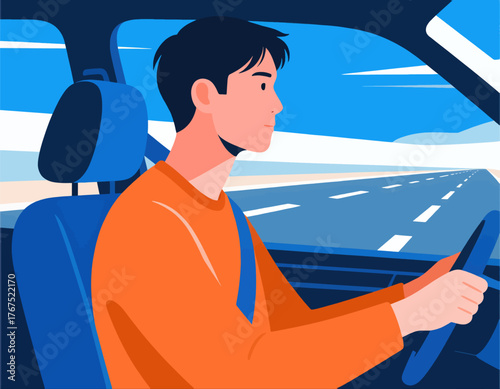 Man driving car on highway, colorful flat illustration, focused on road ahead