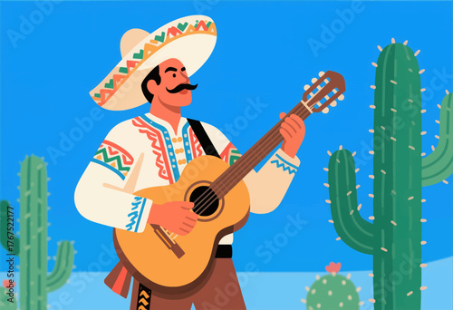 Mexican guitarist in sombrero playing guitar in desert with cacti flat style