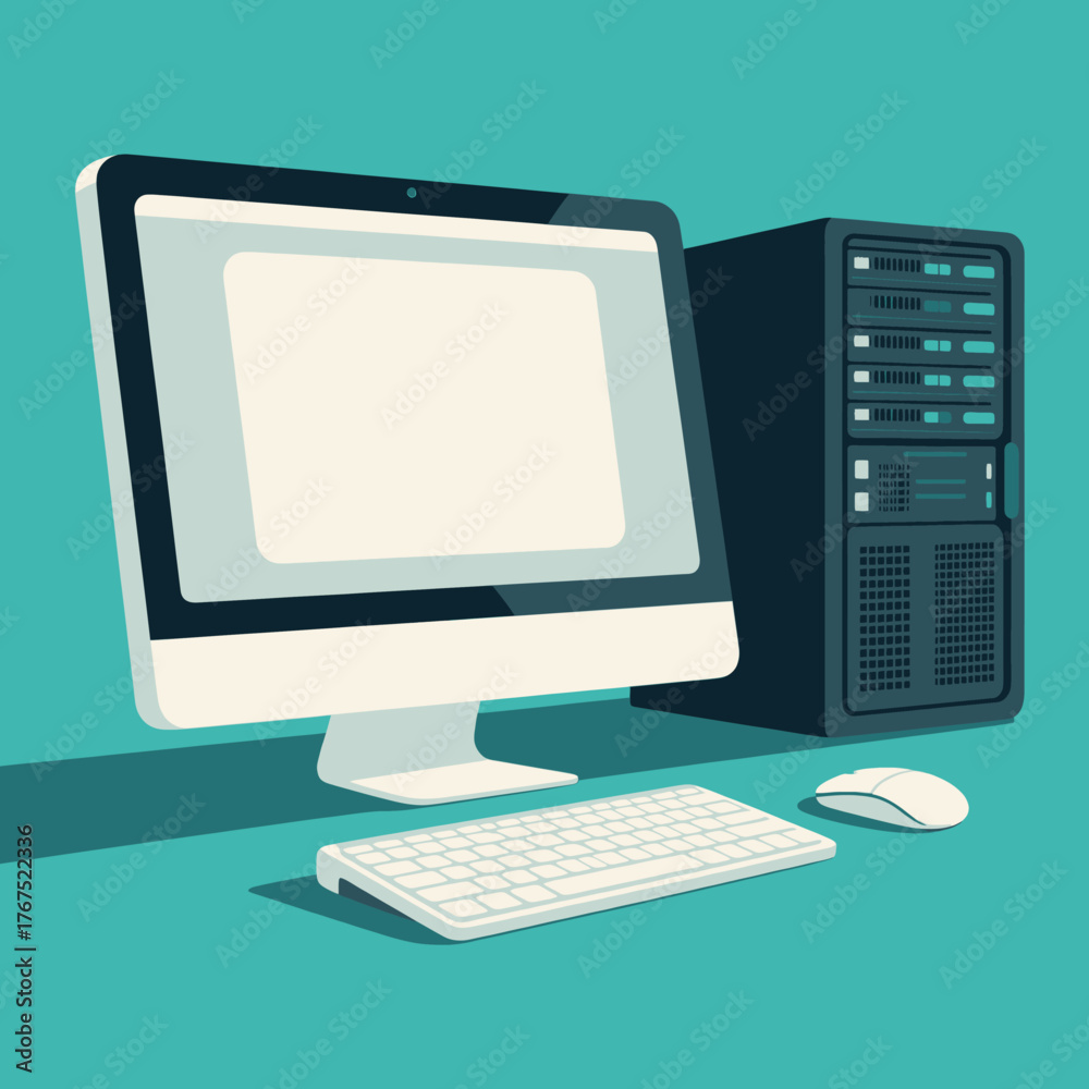 Fototapeta premium Minimalist desktop computer setup with blank screen, keyboard, mouse, and tower