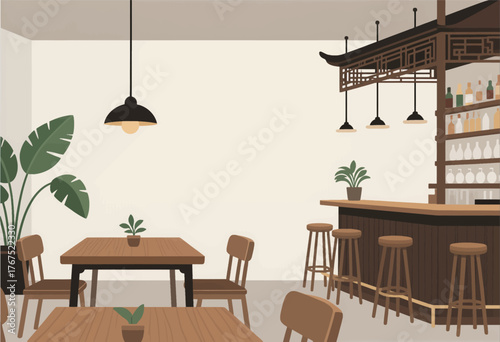 Minimalist cafe interior with wooden furniture and hanging lights in flat style