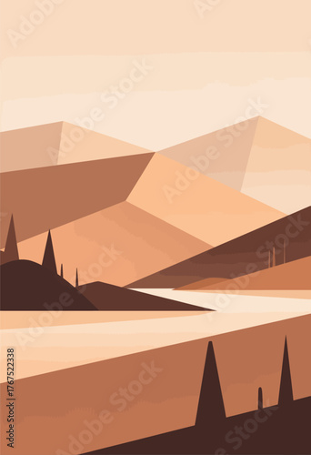 Minimalist desert mountain landscape with geometric shapes and warm tones