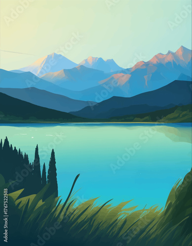Minimalist mountain lake landscape with layered peaks and foreground grasses