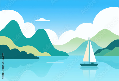 Minimalist sailboat on calm water with layered mountain landscape background