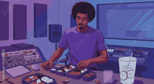 A man in a recording studio prepares his meal, surrounded by audio equipment and food containers