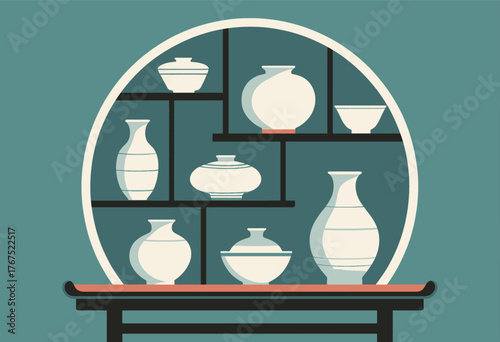 Minimalist white ceramic vases on circular shelf, flat design, teal background