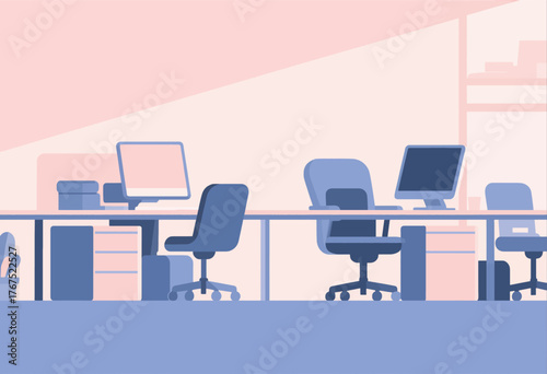 Minimalist office workspace with desks chairs computers, pastel tones, clean design