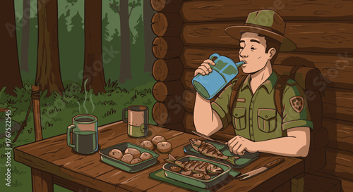 Park ranger enjoying a meal and drink outdoors by a log cabin in a forest setting
