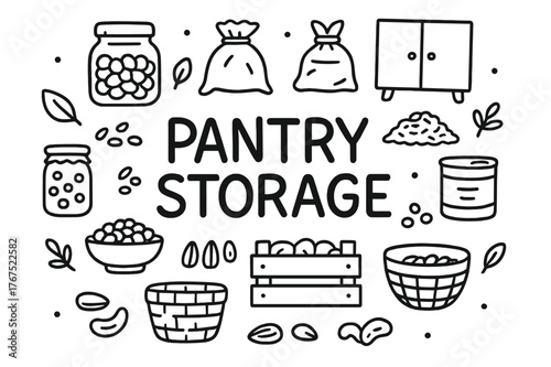Pantry Storage Doodle. Pantry Storage. Hand-drawn doodle illustration of Pantry Storage. glass jar, paper bag,