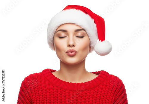 Young woman wearing a santa hat and red sweater, puckering lips for a kiss, isolated on transparent background