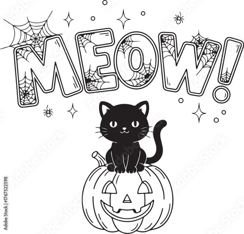 Cute black cat sitting on a pumpkin with the word meow and halloween elements