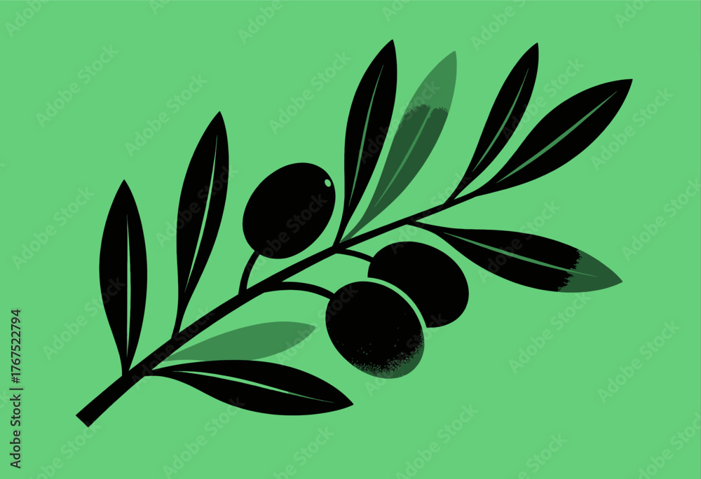 Naklejka premium Olive branch with olives, minimalist black silhouette, green background, isolated