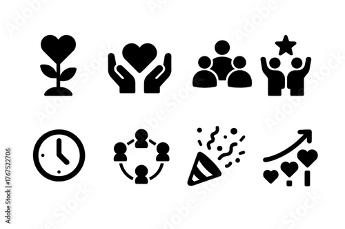 Friendship Icon Growth Set. Friendship growth. Filled icon set of friendship growth: growing heart plant,