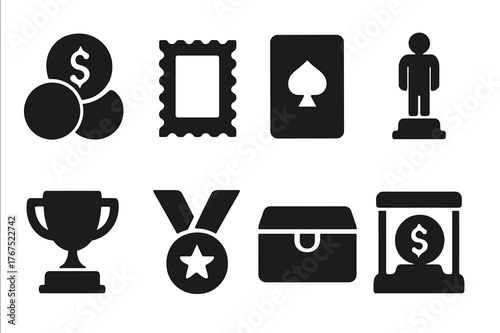 Collectible Icon Set. Collectibles. Filled icon set of Collectibles: coins, stamps, card, figurine, trophy,