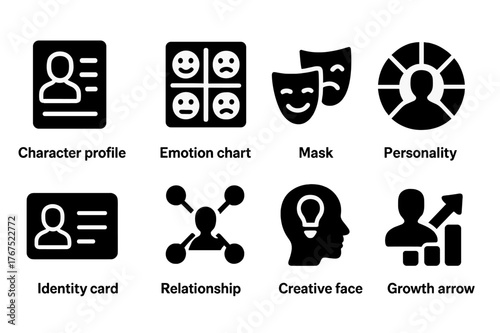 Character Development Icons. Character development. Filled icon set of character development: character