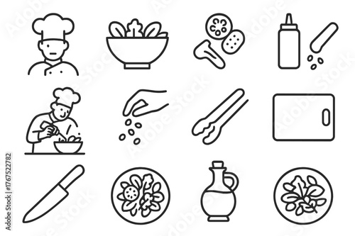 Gourmet Salad Icon Set. Chef adding finishing touches to a gourmet salad. Line outline icon set of Chef adding