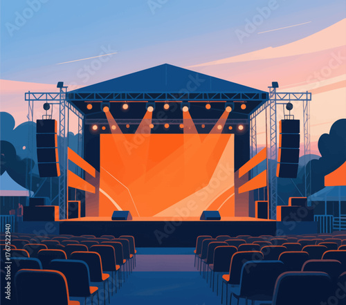 Outdoor concert stage at sunset, vibrant orange lighting, empty rows of chairs