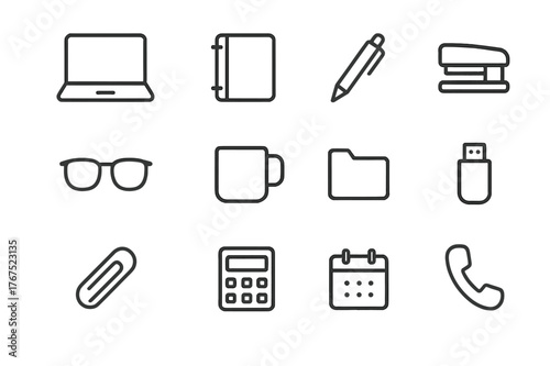 Office Essentials Icons. Office essentials. Line outline icon set of office essentials: laptop, notebook, pen,