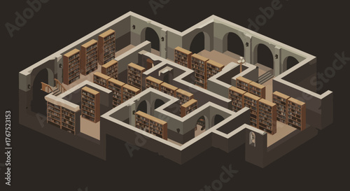 Isometric View of an Intricate Library Maze with Bookshelves and Arches.
