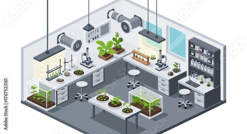 Isometric view of a modern science laboratory with equipment and plants.