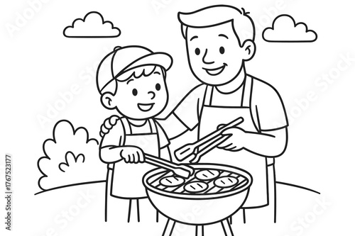 Grill Safety Lesson. Father teaching child to grill safely children?s coloring book illustration, outlined